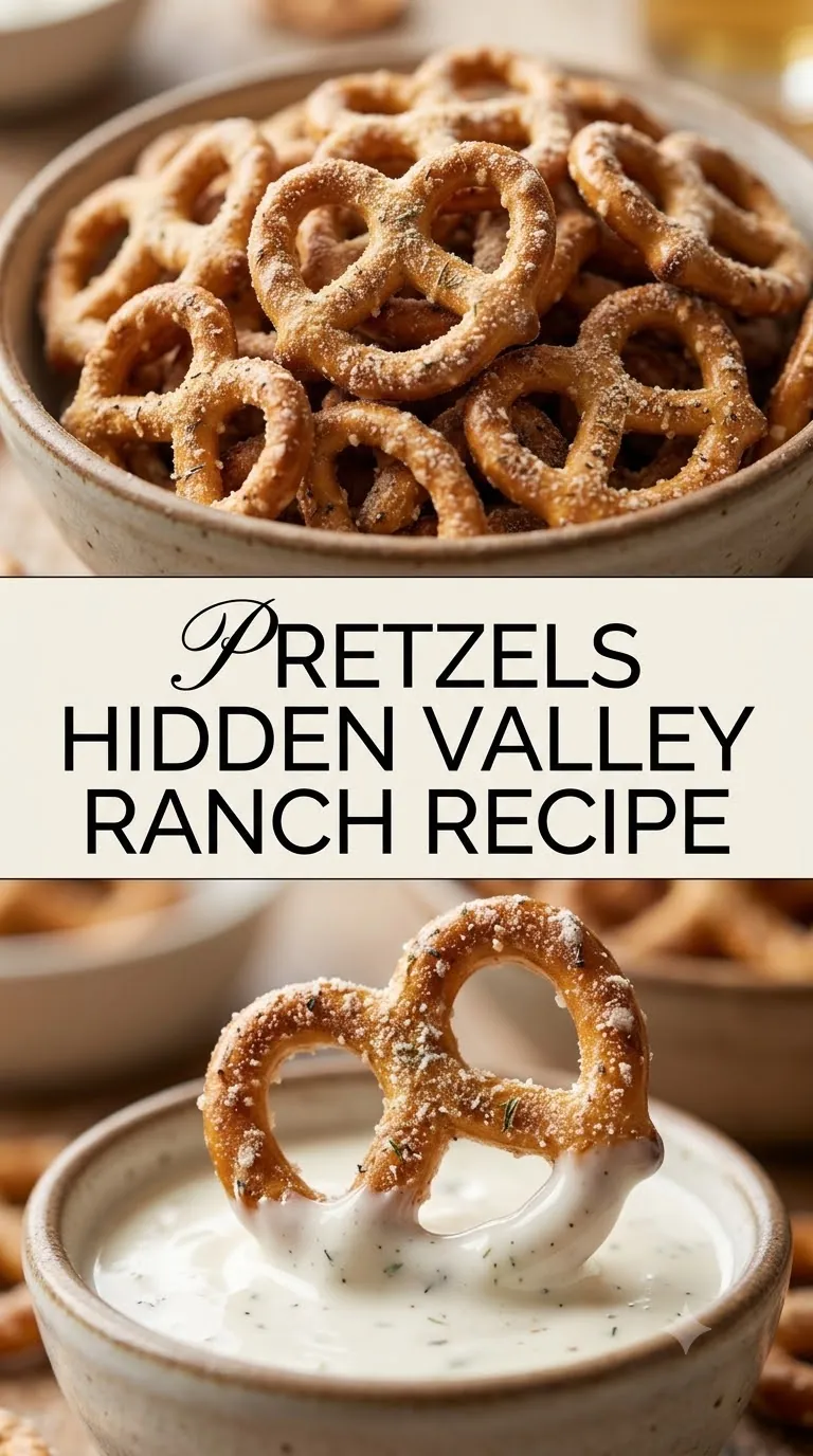Pinterest image for Pretzels Hidden Valley Ranch Recipe, with two photos of the recipe