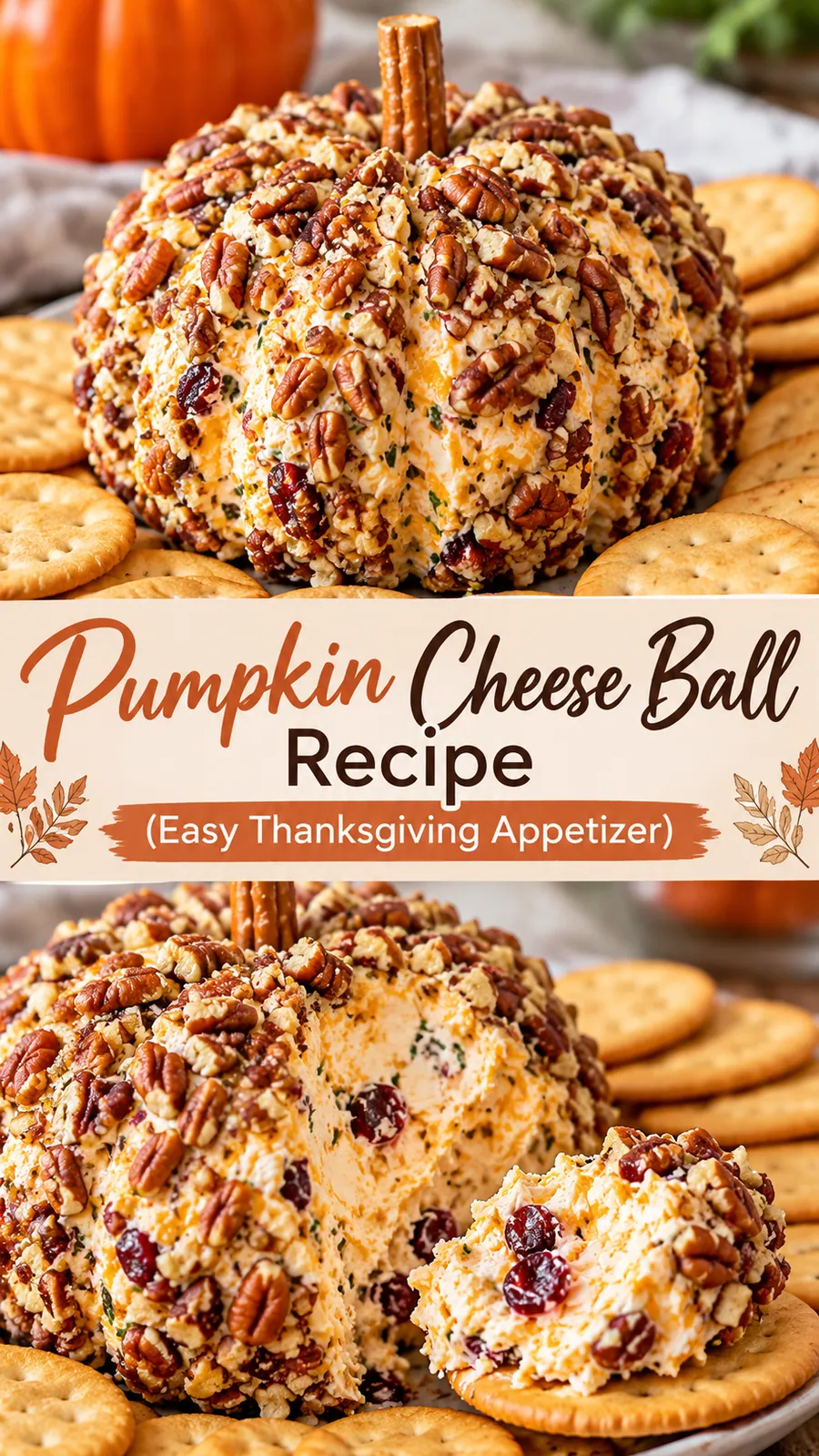 Pinterest image for Pumpkin Cheese Ball Recipe (Easy Thanksgiving Appetizer), with two photos of the recipe
