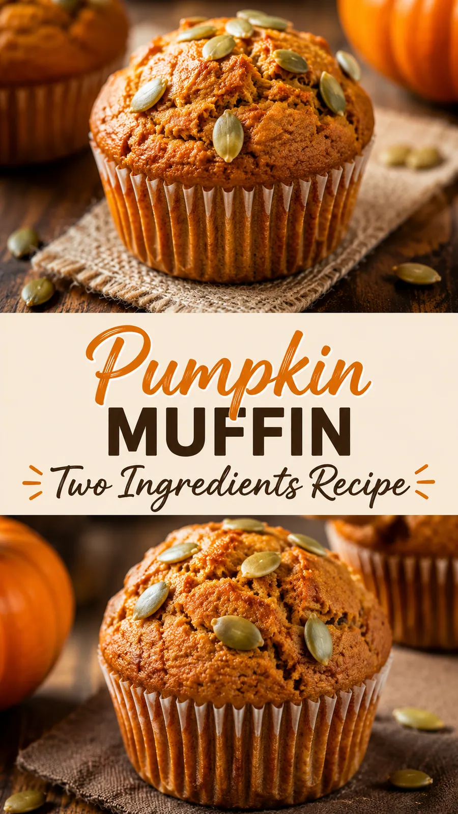 Pinterest image for Pumpkin Muffin Two Ingredients Recipe, with two photos of the recipe