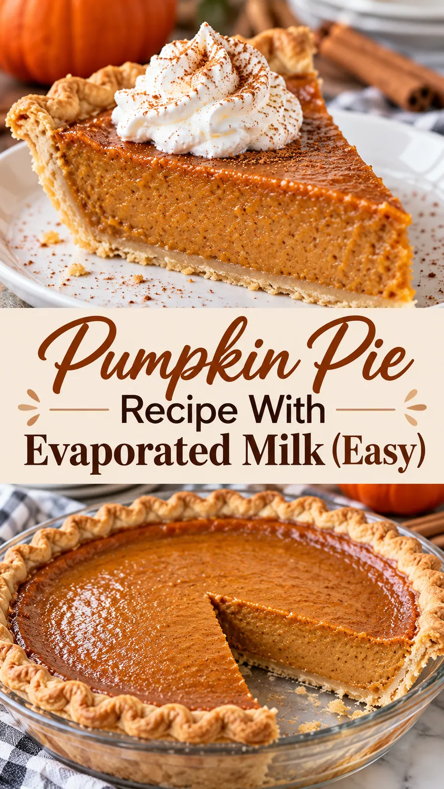 Pinterest image for Pumpkin Pie Recipe With Evaporated Milk (Easy), with two photos of the recipe