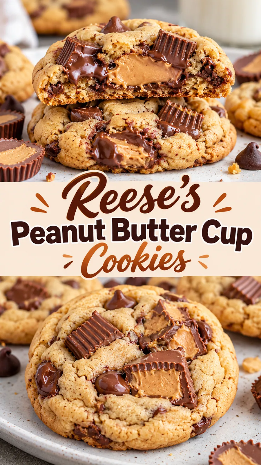 Pinterest image for Reese's Peanut Butter Cup Cookies Recipe, with two photos of the recipe