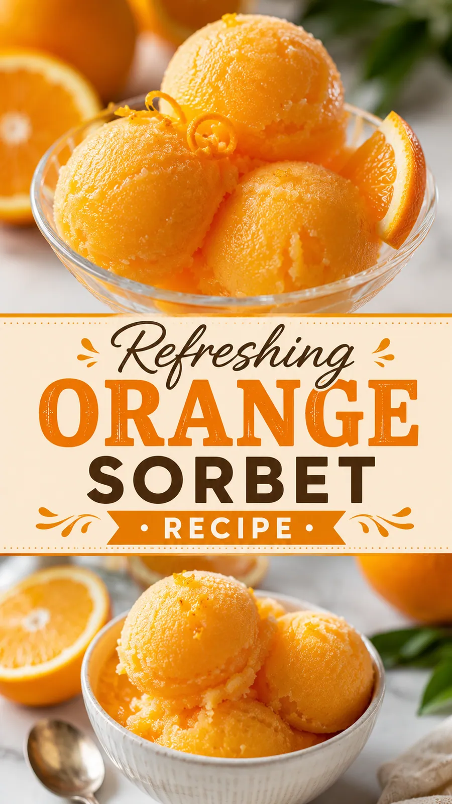 Pinterest image for Refreshing Orange Sorbet Recipe, with two photos of the recipe