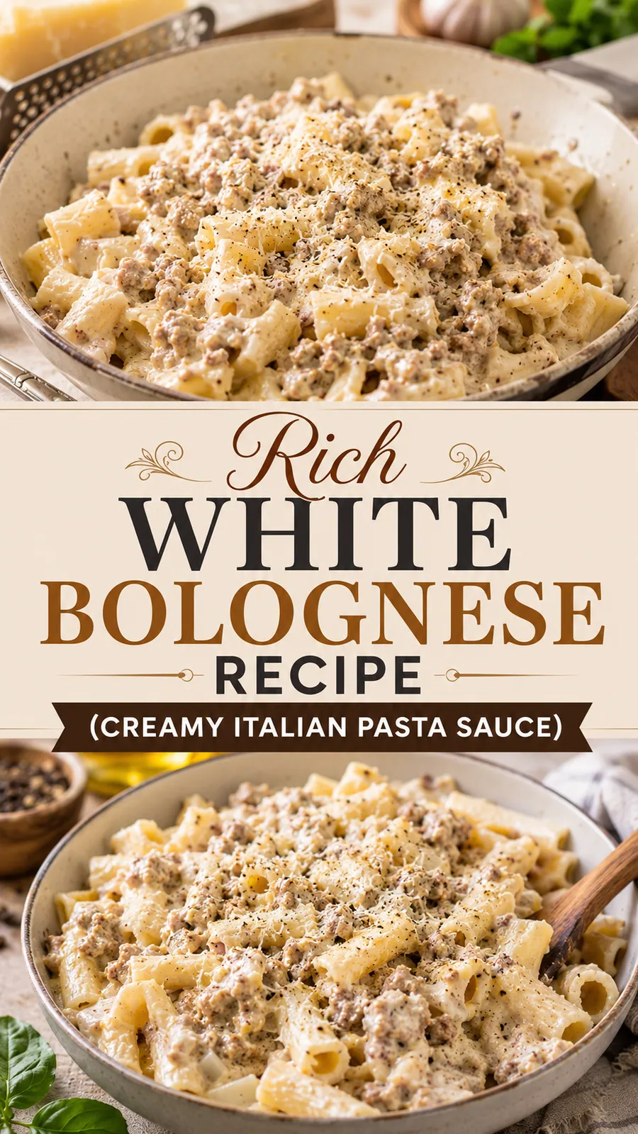 Pinterest image for Rich White Bolognese Recipe Creamy Italian Pasta Sauce, with two photos of the recipe