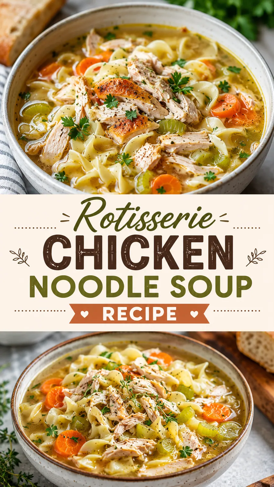Pinterest image for Rotisserie Chicken Noodle Soup Recipe, with two photos of the recipe