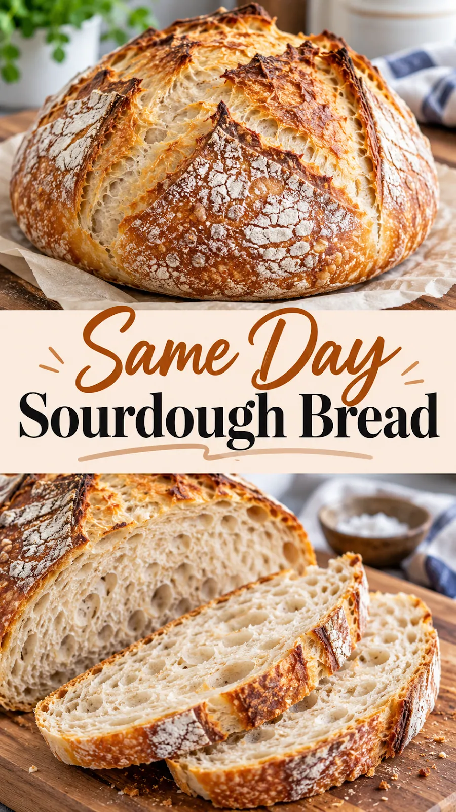 Pinterest image for Same Day Sourdough Bread Recipe, with two photos of the recipe