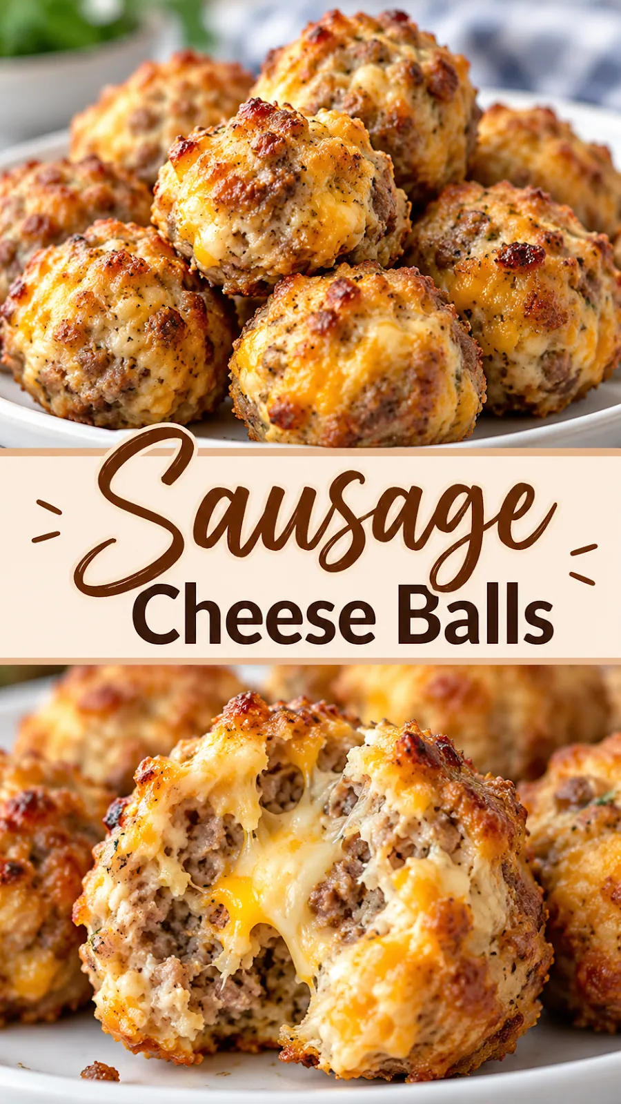 Pinterest image for Sausage Cheese Balls Recipe, with two photos of the recipe