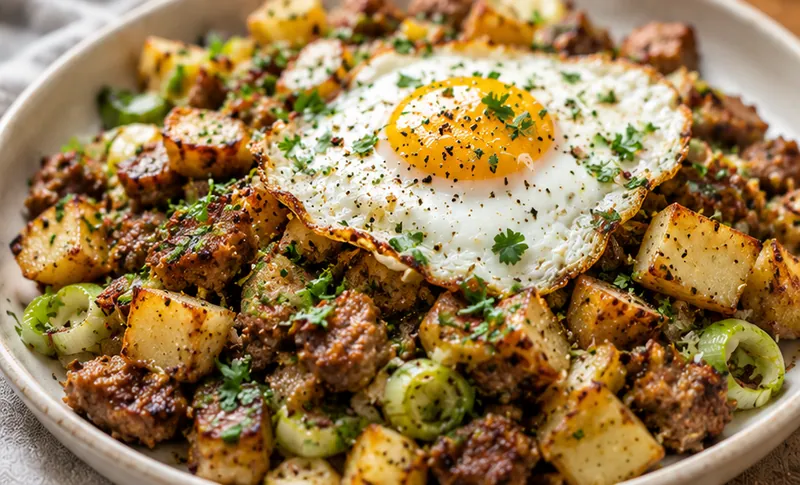 Sausage Leek Potato Dijon Mustard Hash Recipe, ready to serve