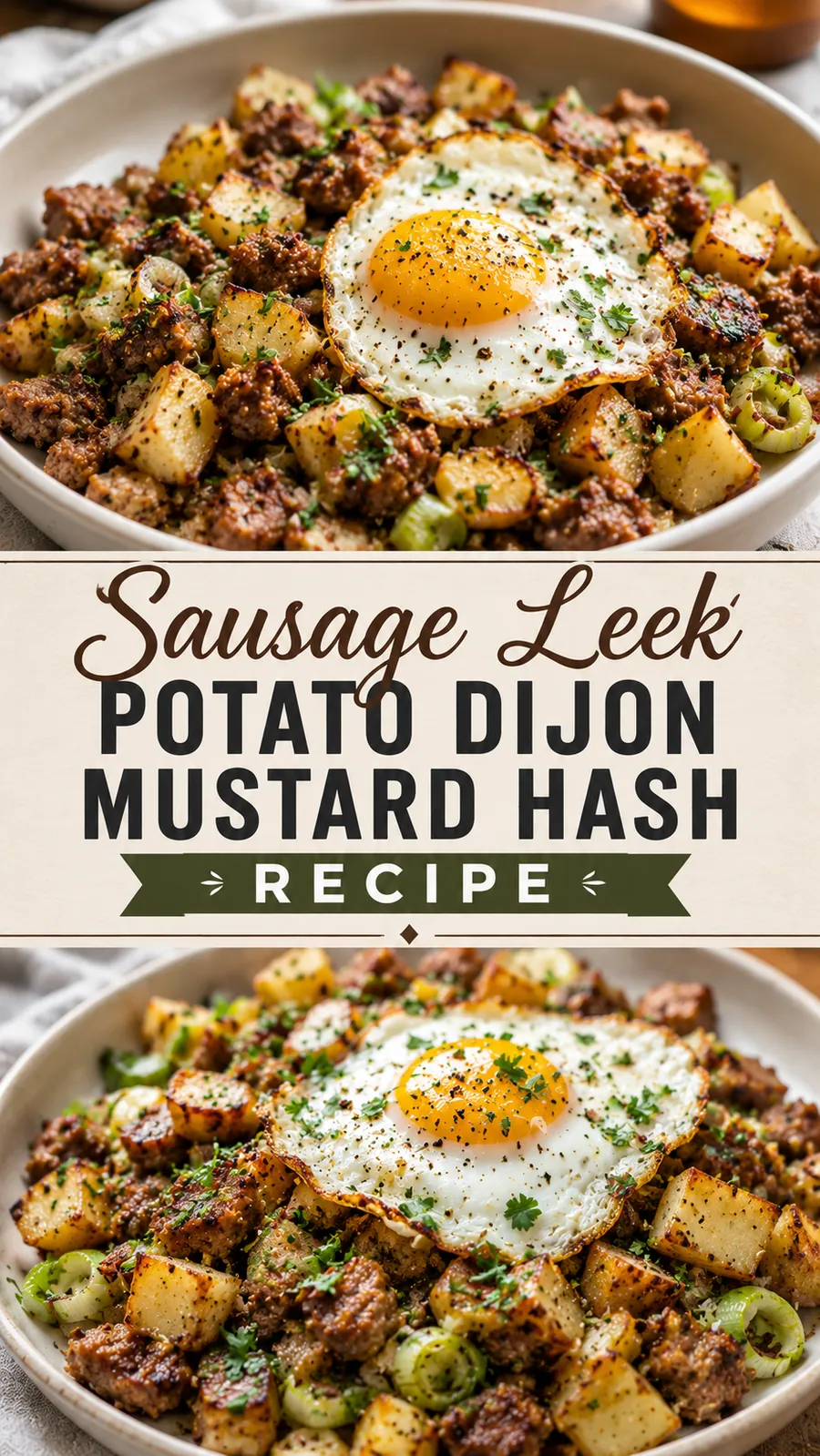 Pinterest image for Sausage Leek Potato Dijon Mustard Hash Recipe, with two photos of the recipe