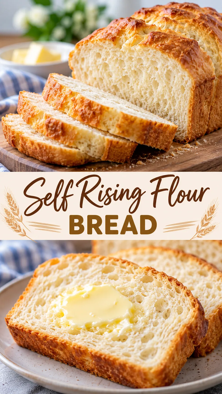 Pinterest image for Self Rising Flour Bread Recipe, with two photos of the recipe