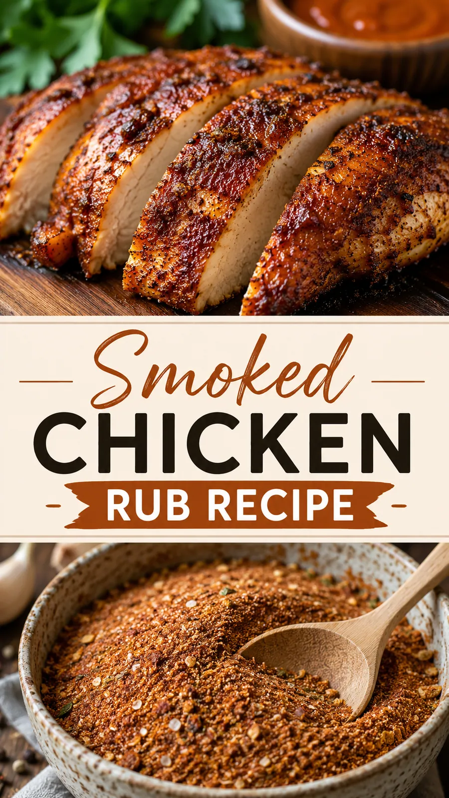 Pinterest image for Smoked Chicken Rub Recipe, with two photos of the recipe