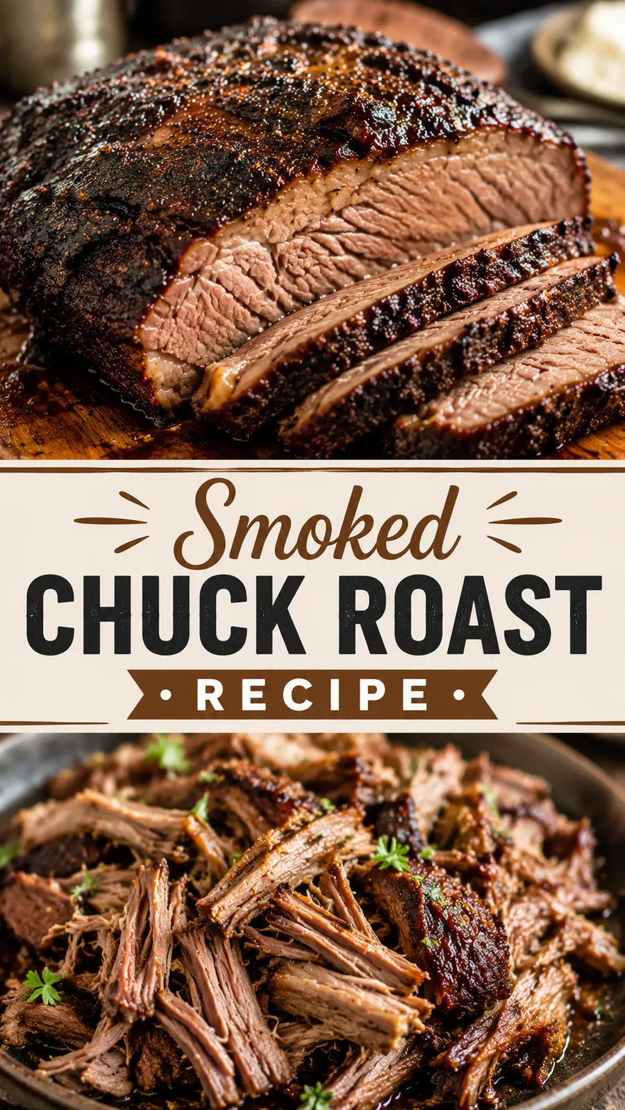 Pinterest image for Smoked Chuck Roast Recipe, with two photos of the recipe