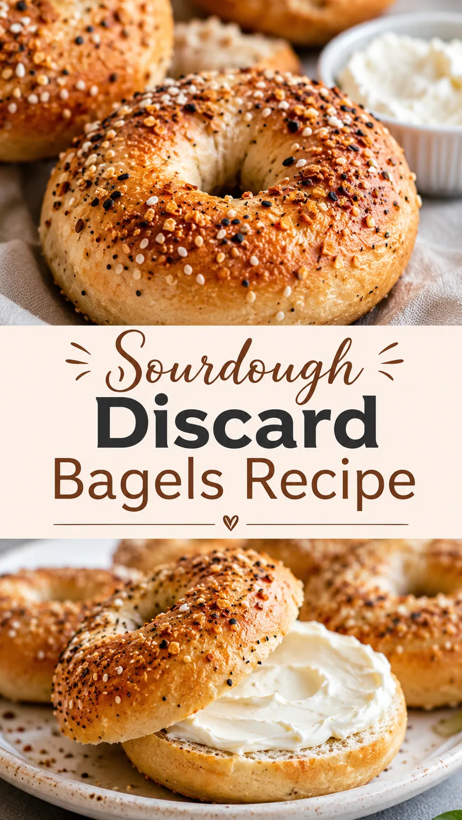 Pinterest image for Sourdough Discard Bagels Recipe, with two photos of the recipe