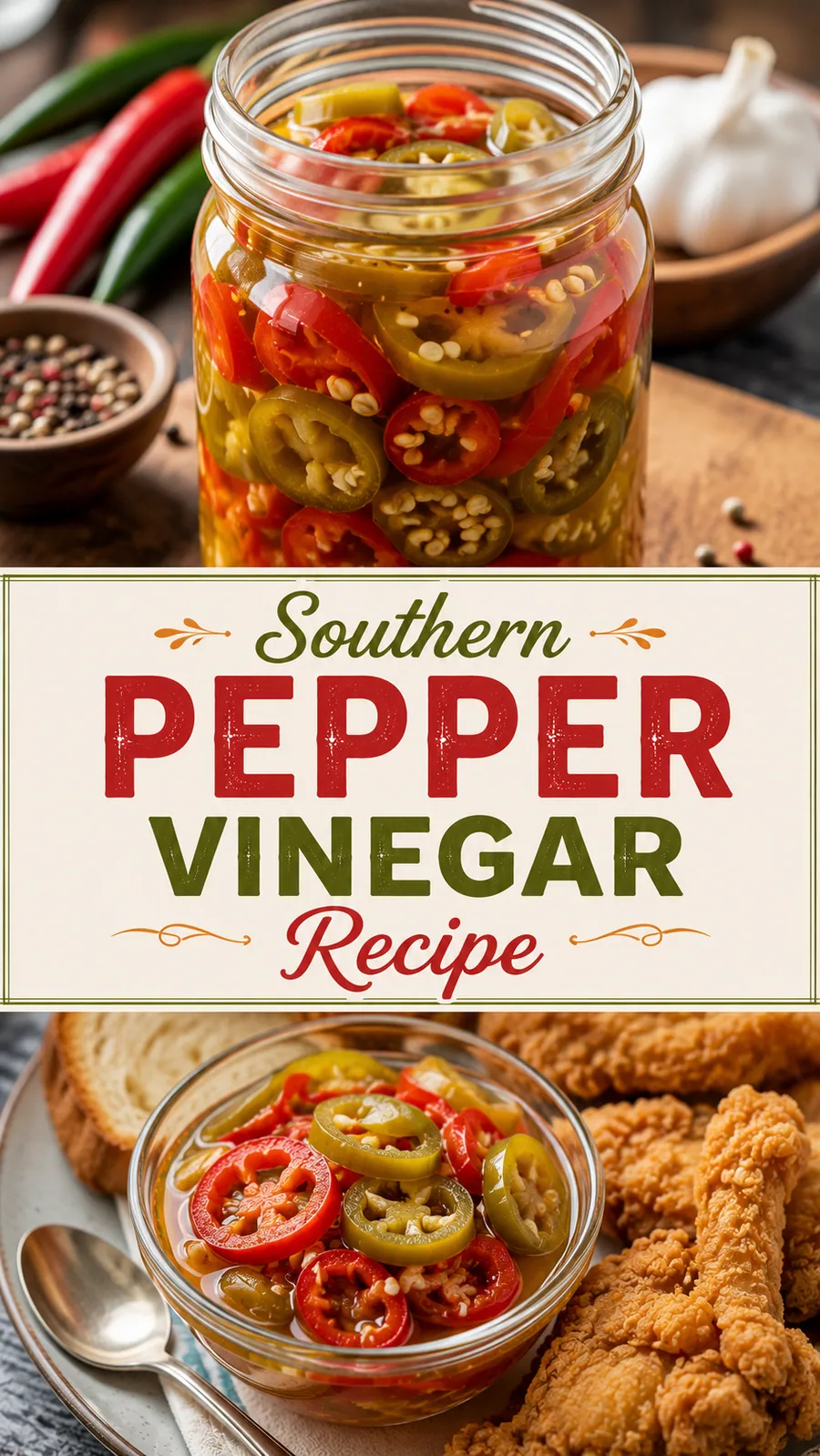 Pinterest image for Southern Pepper Vinegar Recipe, with two photos of the recipe