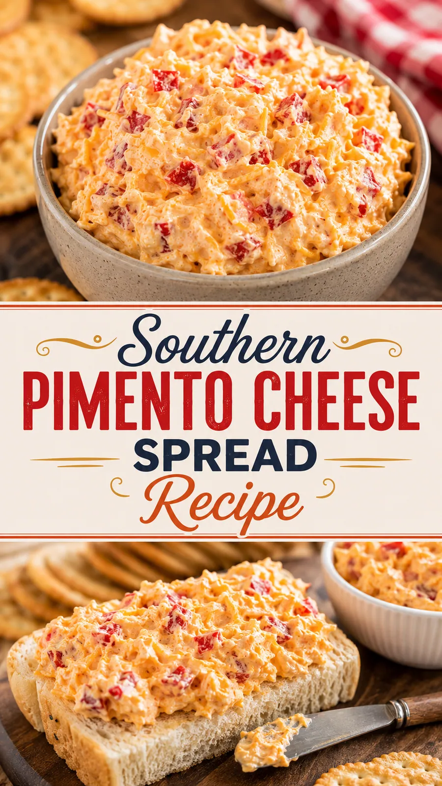 Pinterest image for Southern Pimento Cheese Spread Recipe, with two photos of the recipe