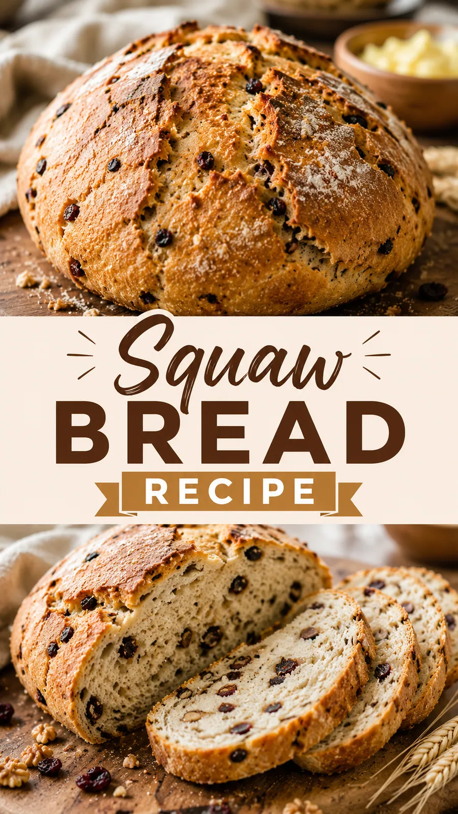 Pinterest image for Squaw Bread Recipe, with two photos of the recipe