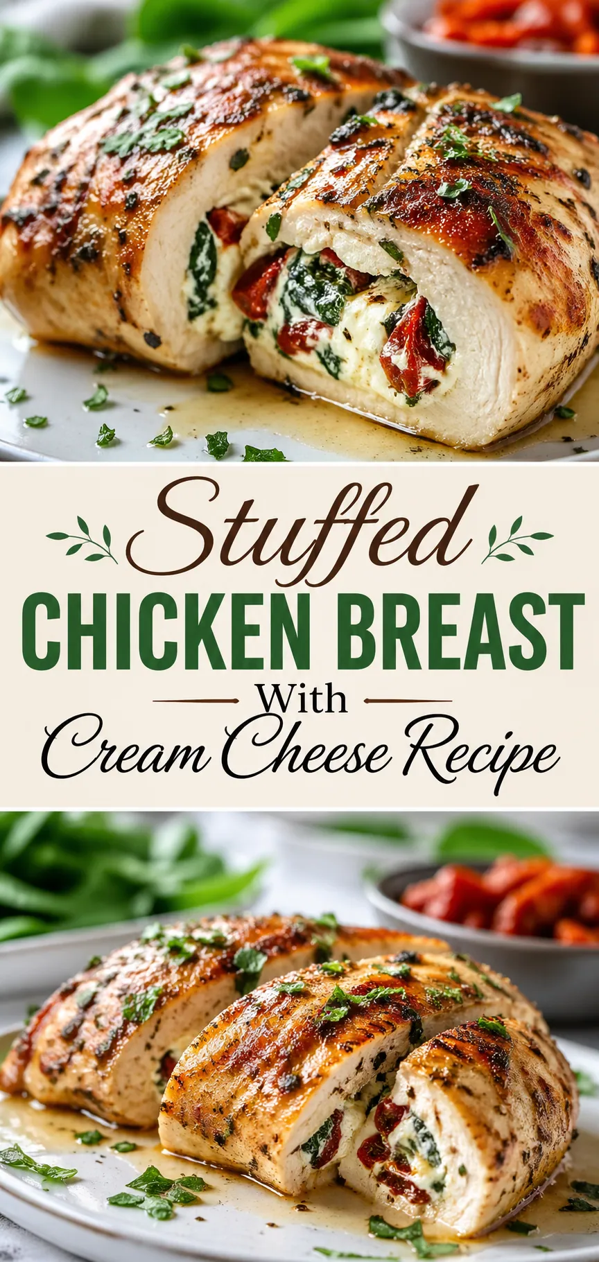 Pinterest image for Stuffed Chicken Breast With Cream Cheese Recipe, with two photos of the recipe