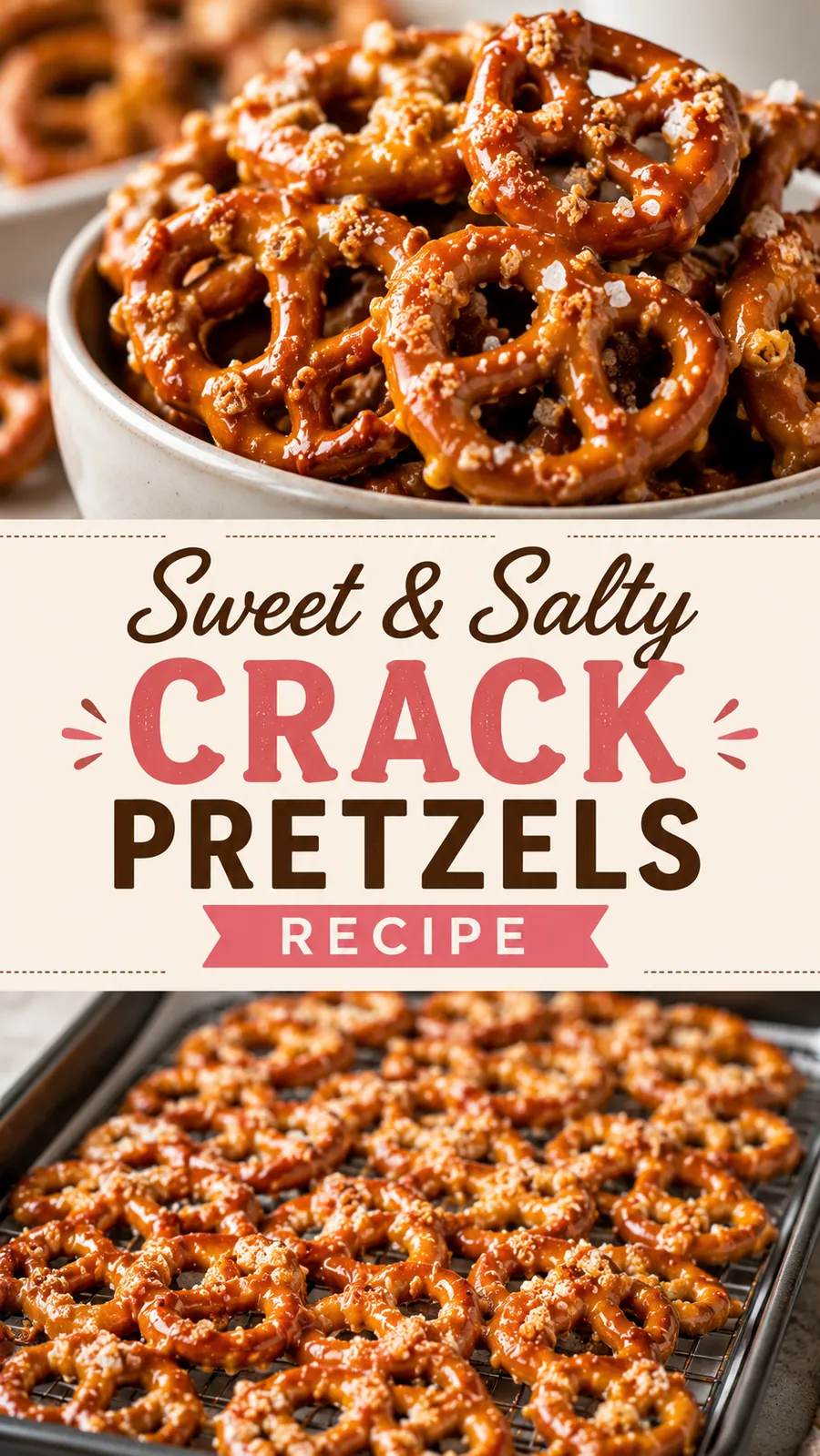 Pinterest image for Sweet And Salty Crack Pretzels Recipe, with two photos of the recipe