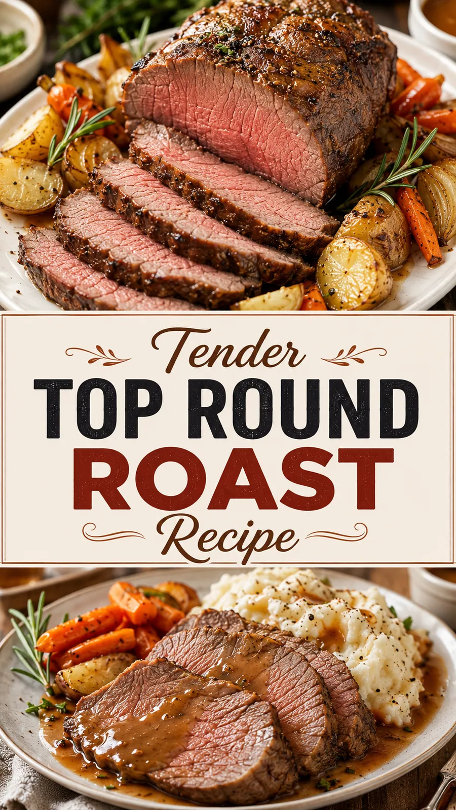 Pinterest image for Tender Top Round Roast Recipe, with two photos of the recipe