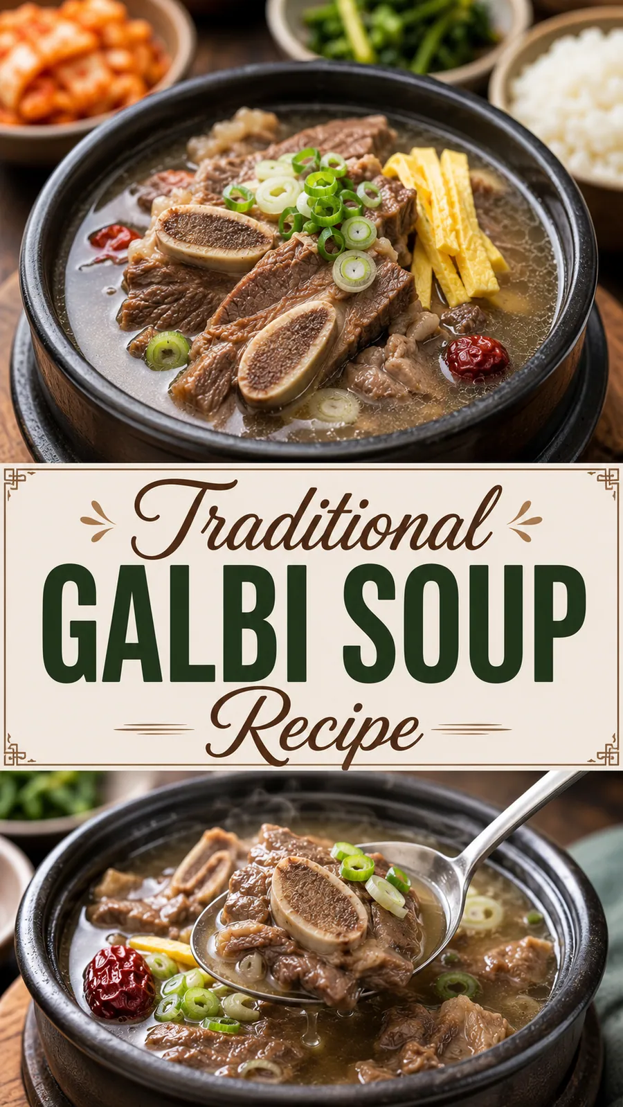 Pinterest image for Traditional Galbi Soup Recipe, with two photos of the recipe