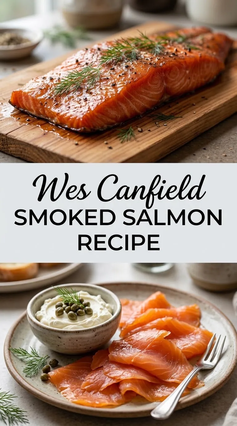 Pinterest image for Wes Canfield Smoked Salmon Recipe, with two photos of the recipe