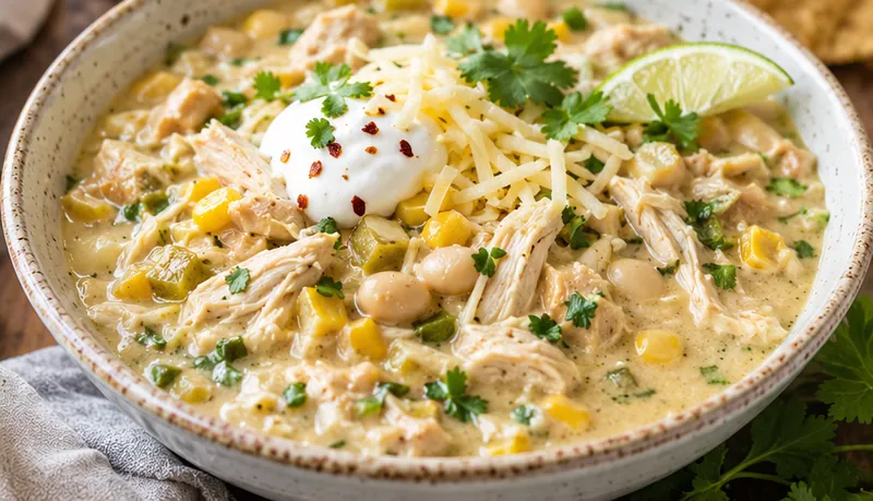 White Chicken Chili Recipe with Corn, ready to serve