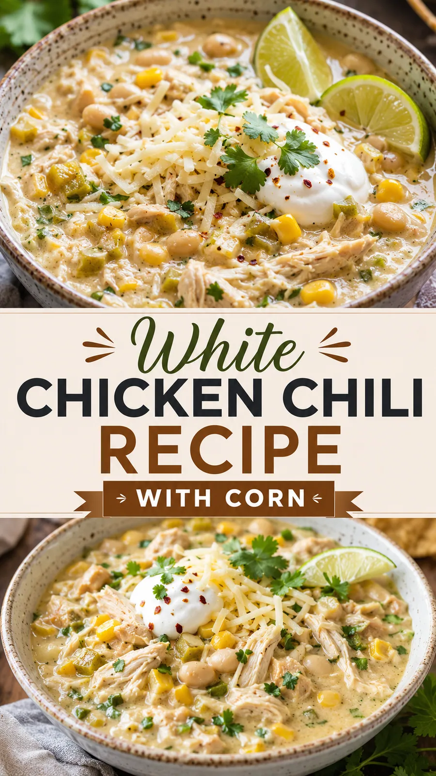 Pinterest image for White Chicken Chili Recipe With Corn, with two photos of the recipe