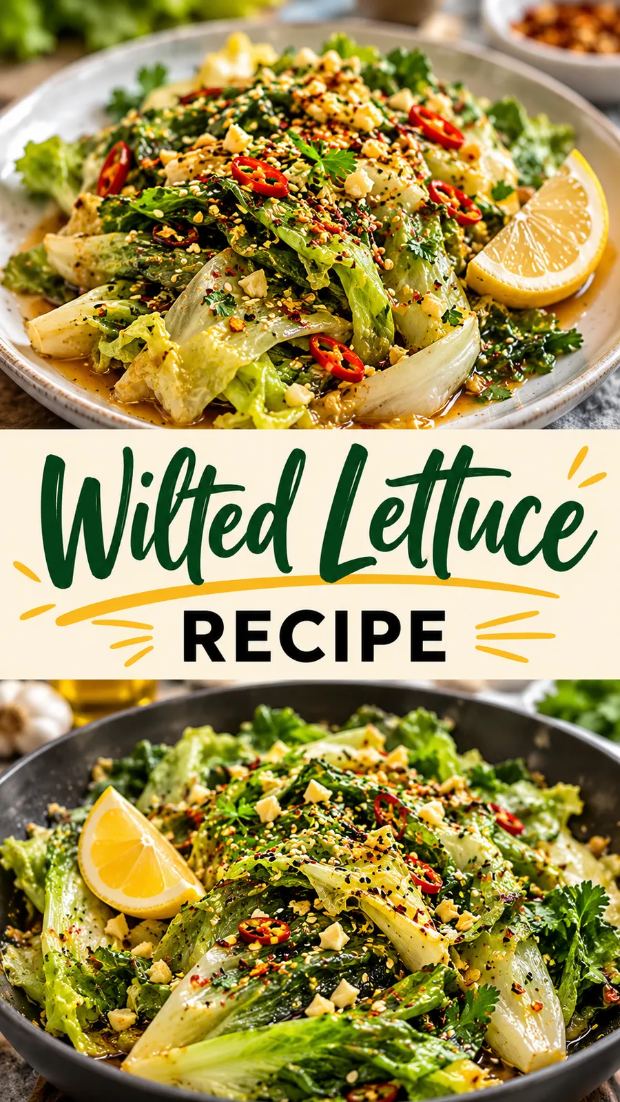 Pinterest image for Wilted Lettuce Recipe, with two photos of the recipe