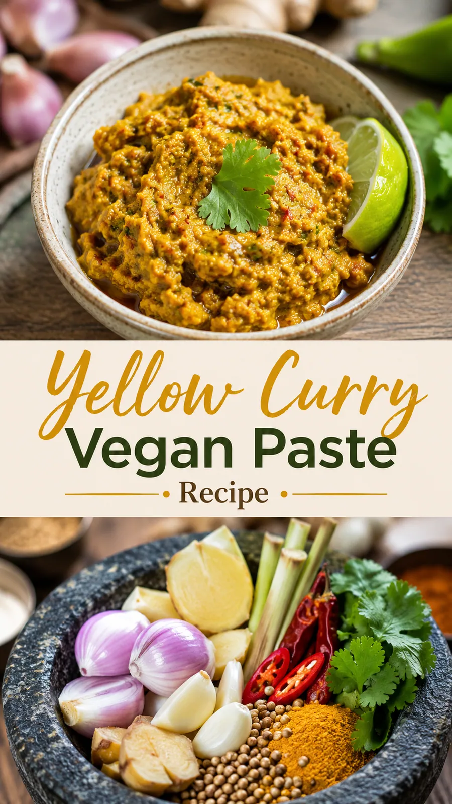 Pinterest image for Yellow Curry Vegan Paste Recipe, with two photos of the recipe